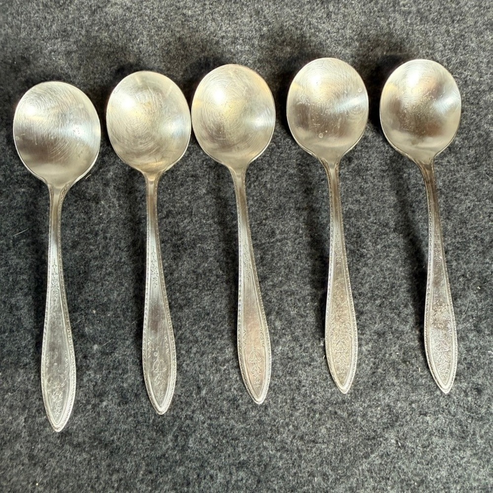 1847 Rogers Bros Ancestral Silverplate Soup Spoons Round Bowl Set of 5 Vintage